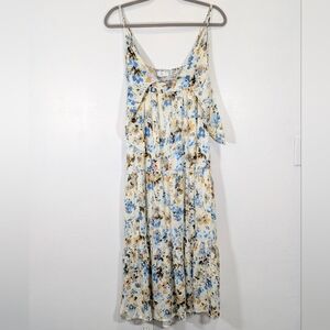 NSR Blue Cream Floral Sleeveless Dress Adjustable Strap Size M Midi Tie Front